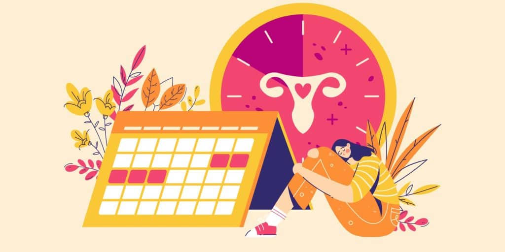 Illustrations af kvinde, der sidder ved siden af en kalender hvor menstruationsdage er markeret (menstruationscyklus faser)