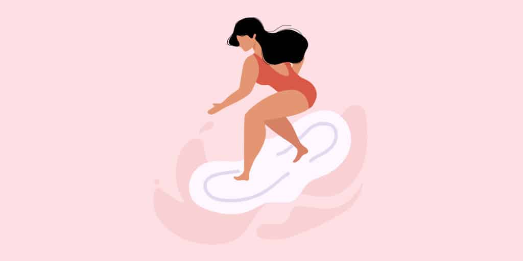 Illustration af kvinde, der surfer på et menstruationsbind