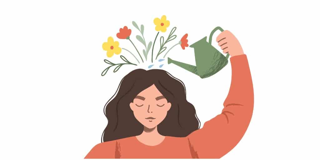 Kvinde får godt humør med positiv tænktning: Hun vander sit hoved, og der vokser blomster op. Illustration.